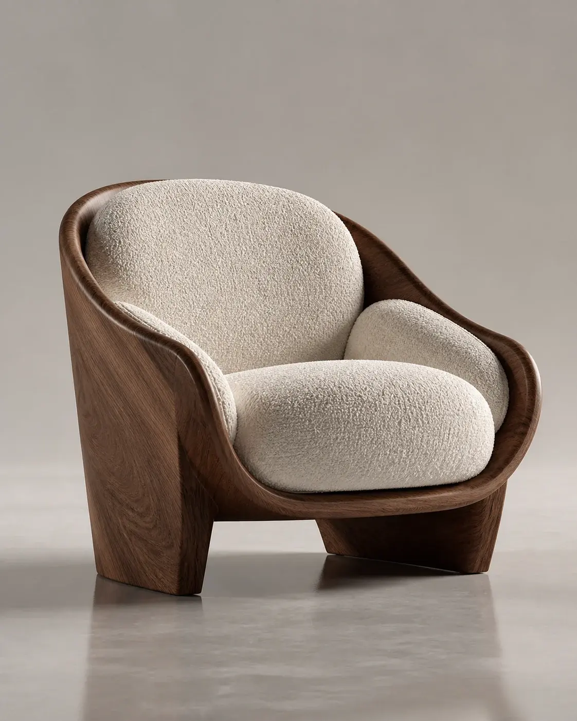 Premium 3D product render of a sculptural modern lounge chair, ivory woven upholstery with a dark-wood frame, a clean warm-gr