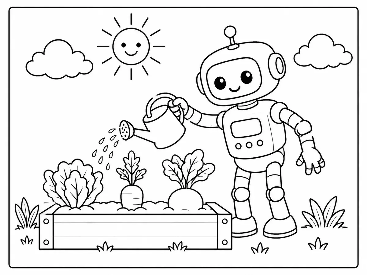 Black-and-white printable coloring page with a complete gardening robot