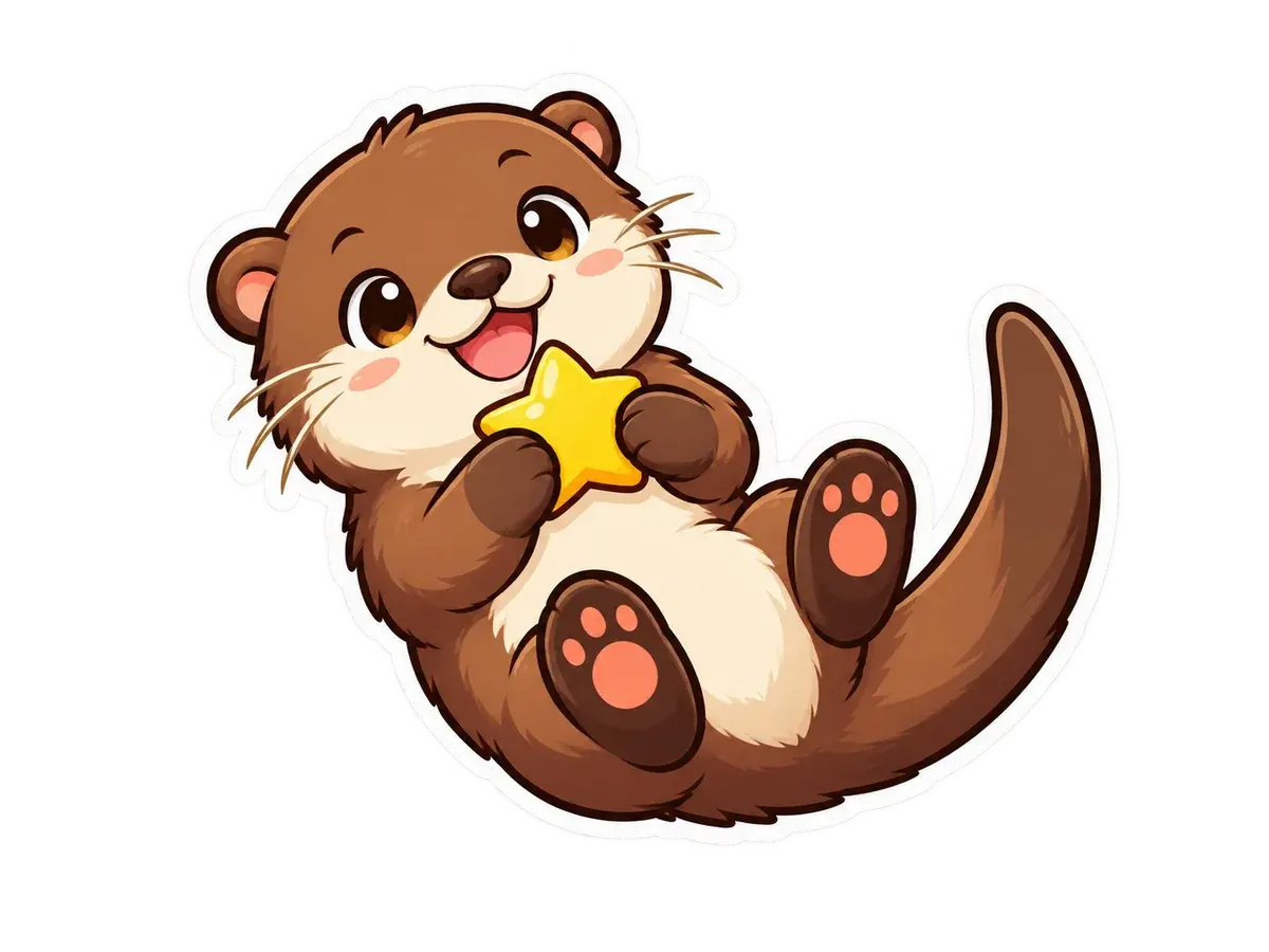 Complete cheerful otter die-cut sticker holding a yellow star