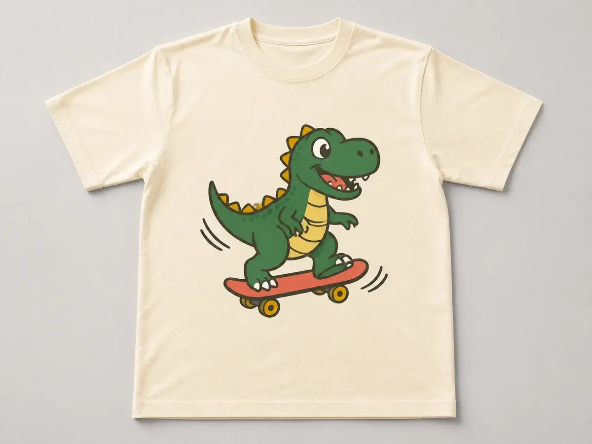 Complete cream T-shirt mockup with a centered skateboarding dinosaur cartoon