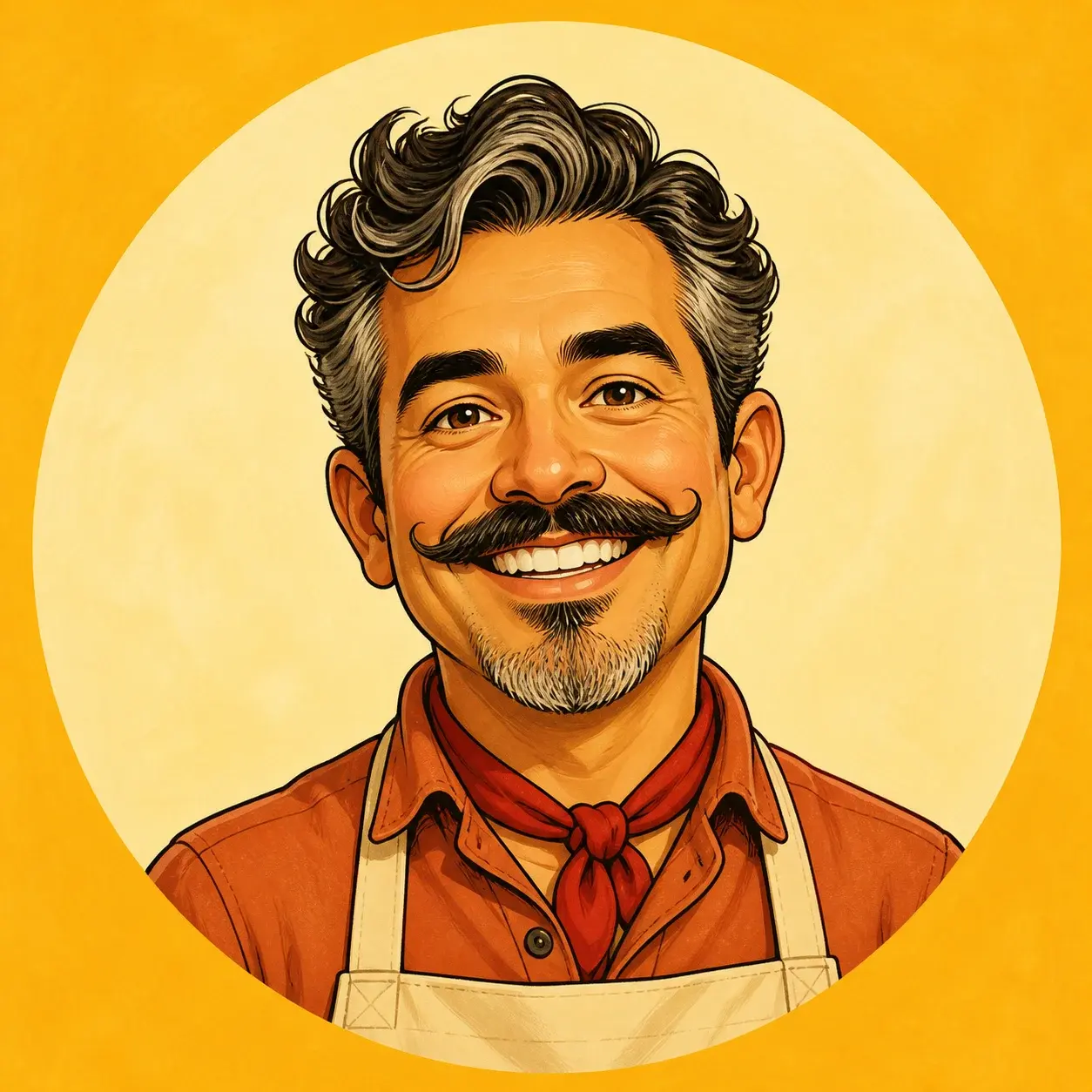 Flattering caricature cartoon profile picture of a smiling chef