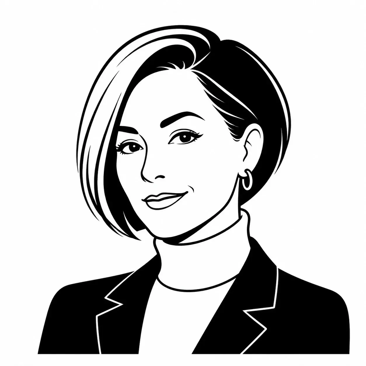 Transform the uploaded portrait into a minimalist black-and-white creator avatar while preserving the woman's asymmetric chin