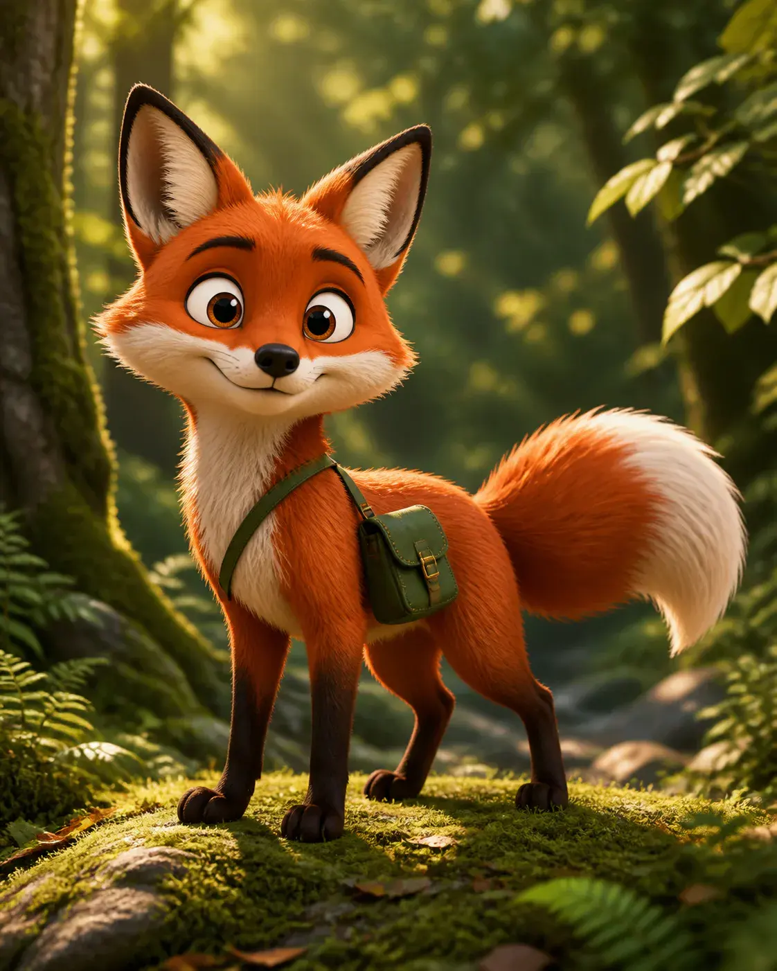 Cartoon AI prompt real output: Create a full-body 3D cartoon pet fox character with a forest-green satchel, expressive friend