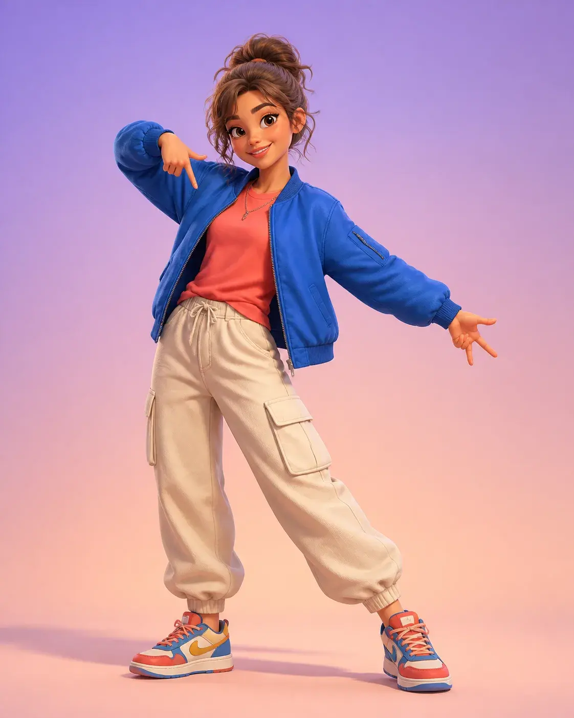 Cartoon AI prompt real output: Transform an uploaded full-body photo into a polished 3D cartoon portrait of one street dancer