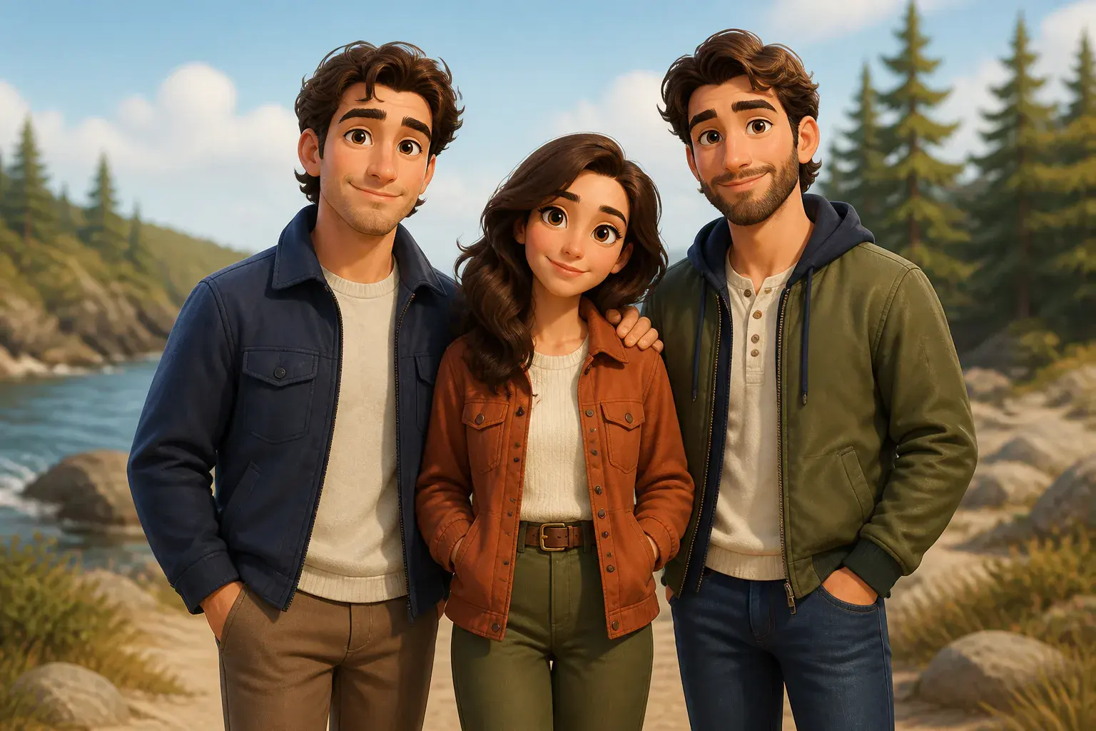 Transform a sibling family photo into a polished 3D cartoon portrait with three distinct adult character faces, coordinated j