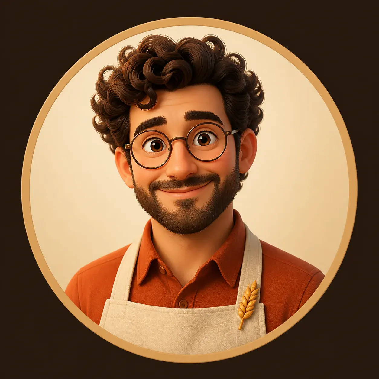 Transform a reference headshot into a friendly 3D cartoon profile picture for an artisan bakery brand, with round glasses, a 