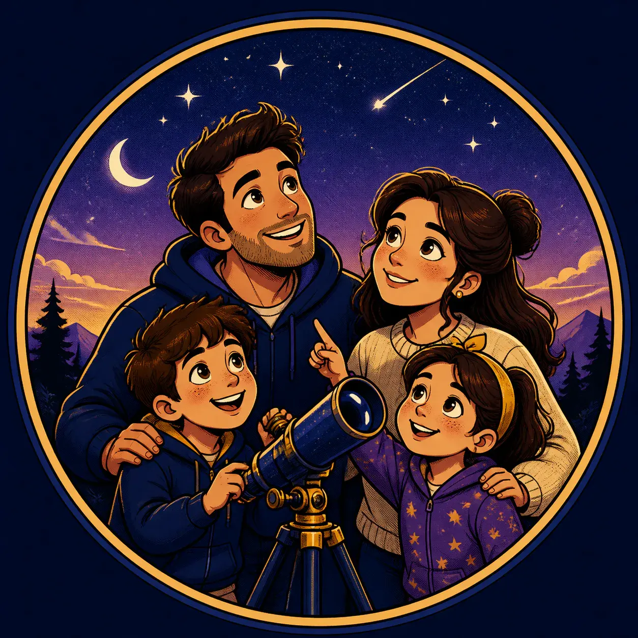Cartoon AI prompt real output: Create a comic cartoon family profile picture and brand badge with two parents, two children, 