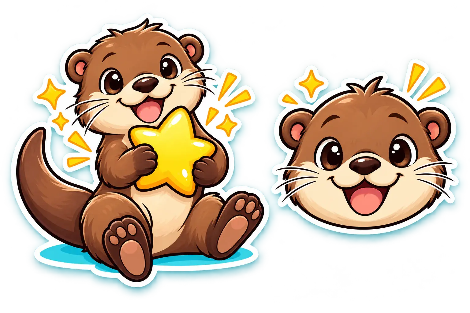Cartoon AI prompt real output: Create a cheerful comic cartoon pet otter sticker and matching brand emblem, with a bold white