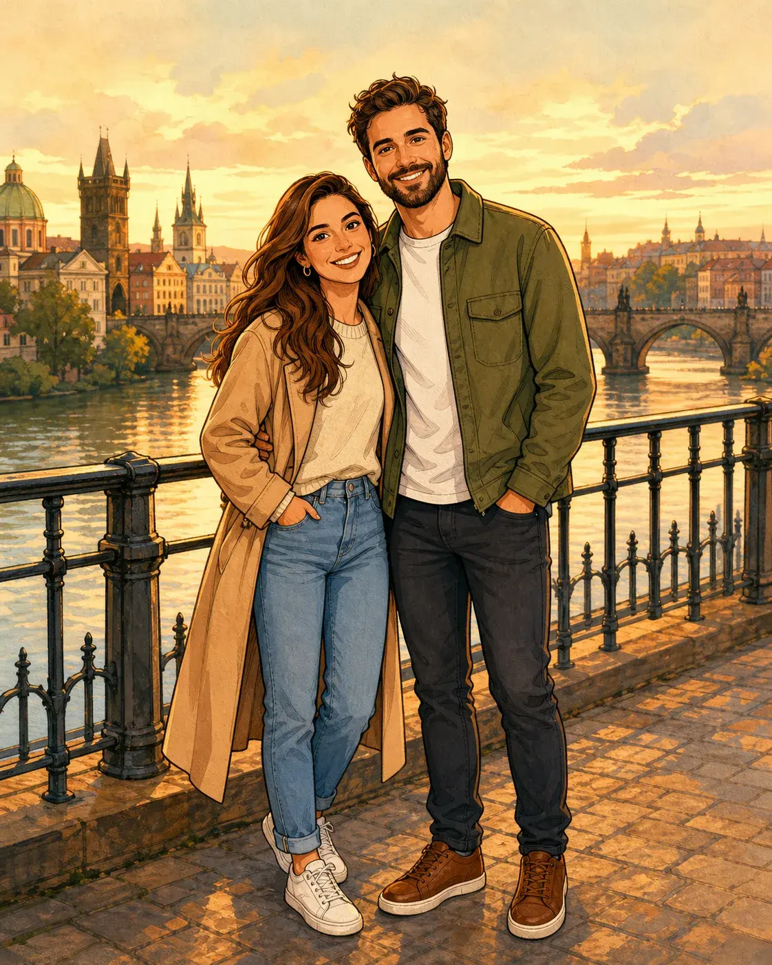 Cartoon AI prompt real output: Transform a couple travel photo into a warm hand-drawn cartoon portrait on a European bridge, 