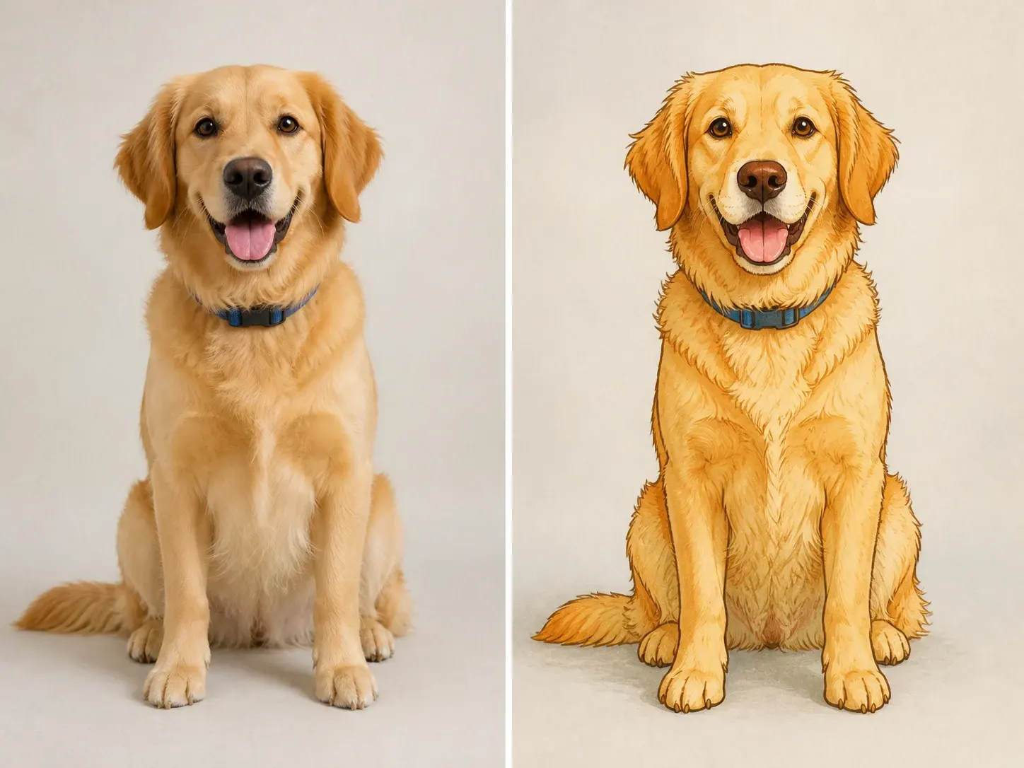 Original studio photograph of a complete golden retriever wearing a blue collar