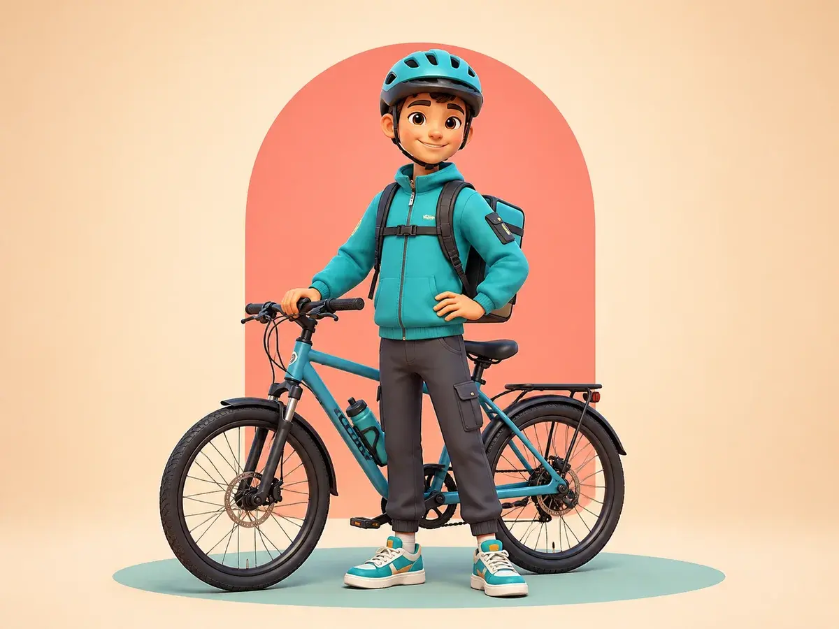 Full-body 3D cartoon bicycle courier with the complete bicycle visible