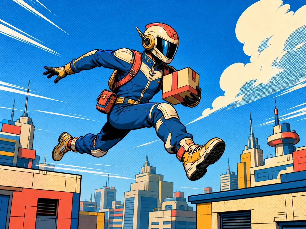 Original comic-book space courier leaping across a futuristic rooftop