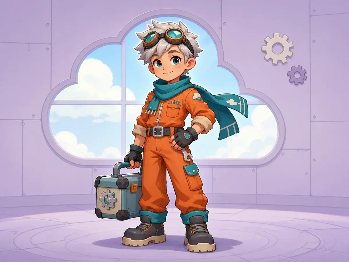 Complete original cloud mechanic cartoon character carrying a tool case