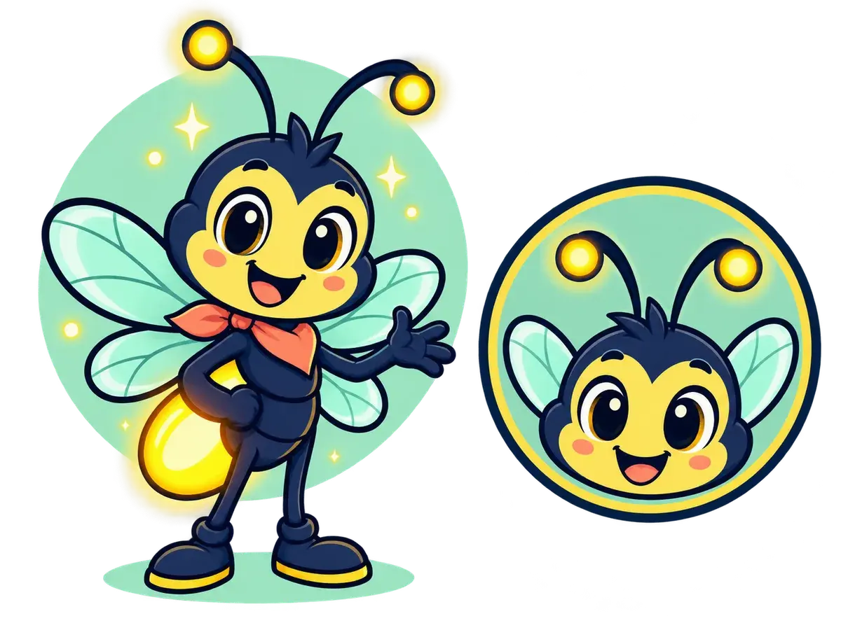 Complete original firefly mascot shown beside its matching circular logo mark