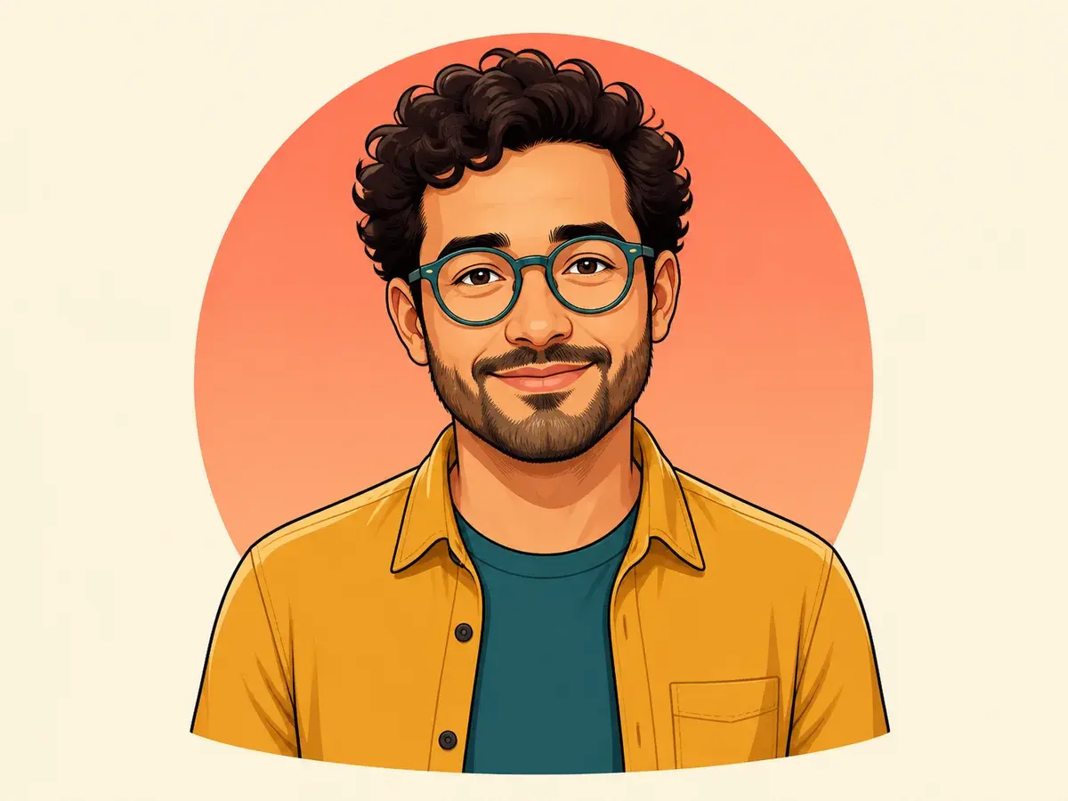 Complete square-ready cartoon profile portrait with teal glasses and a simple backdrop