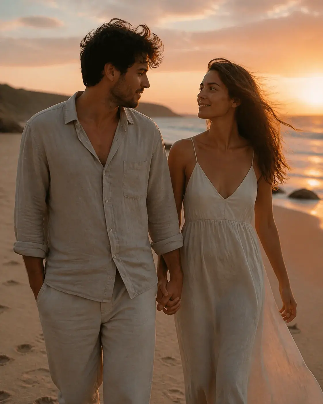 A couple walking hand in hand along a quiet beach at sunset, wind moving their hair and relaxed neutral clothing, a candid af