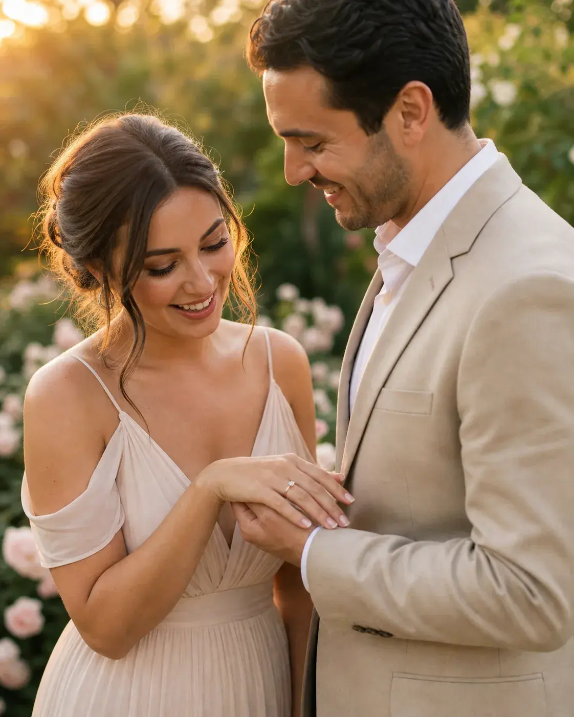 A fictional adult couple celebrating their engagement in a blooming garden, standing close and smiling naturally, soft mornin