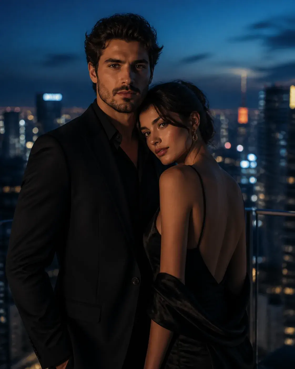 A stylish fictional adult couple standing close on a rooftop at night, distant city lights forming soft bokeh, dark evening c