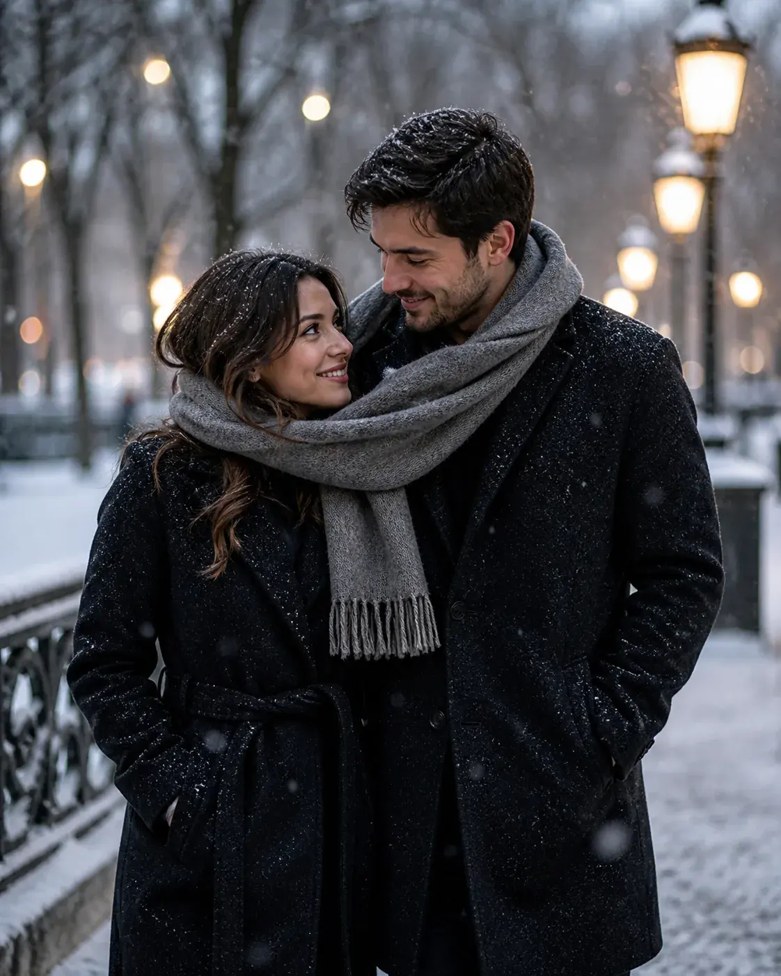 A fictional adult couple in warm coats walking hand in hand along a quiet snow-covered street, soft winter daylight, natural 