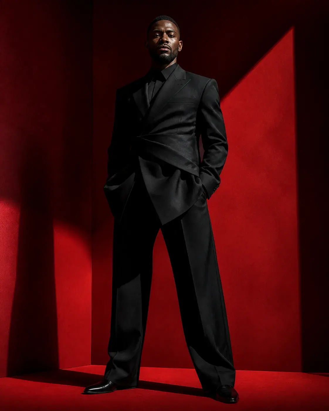 A fictional adult man in a black turtleneck standing in a bold red studio, strong graphic light and shadow, a confident pose,