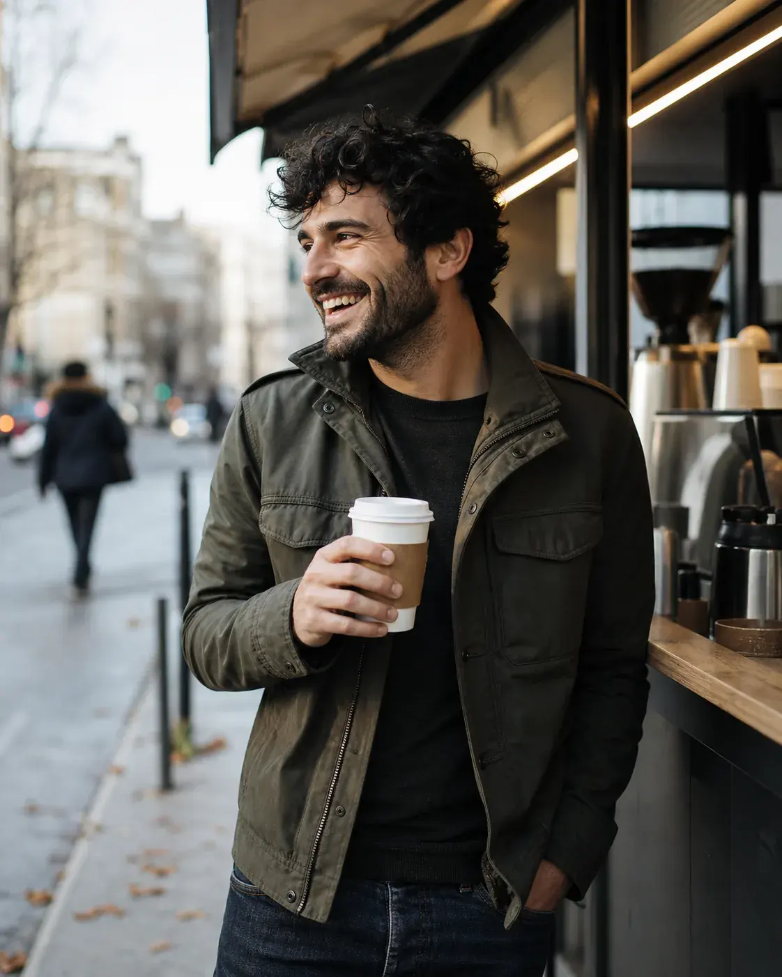 A fictional adult man drinking coffee beside a corner-café window, a relaxed natural expression, soft overcast light, candid 