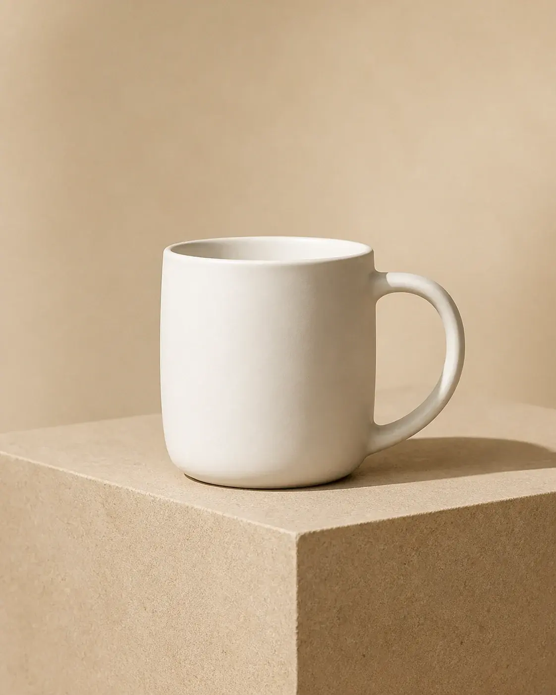 Minimalist product photo of one matte white ceramic mug on a warm beige pedestal, a single focal subject, large clean negativ