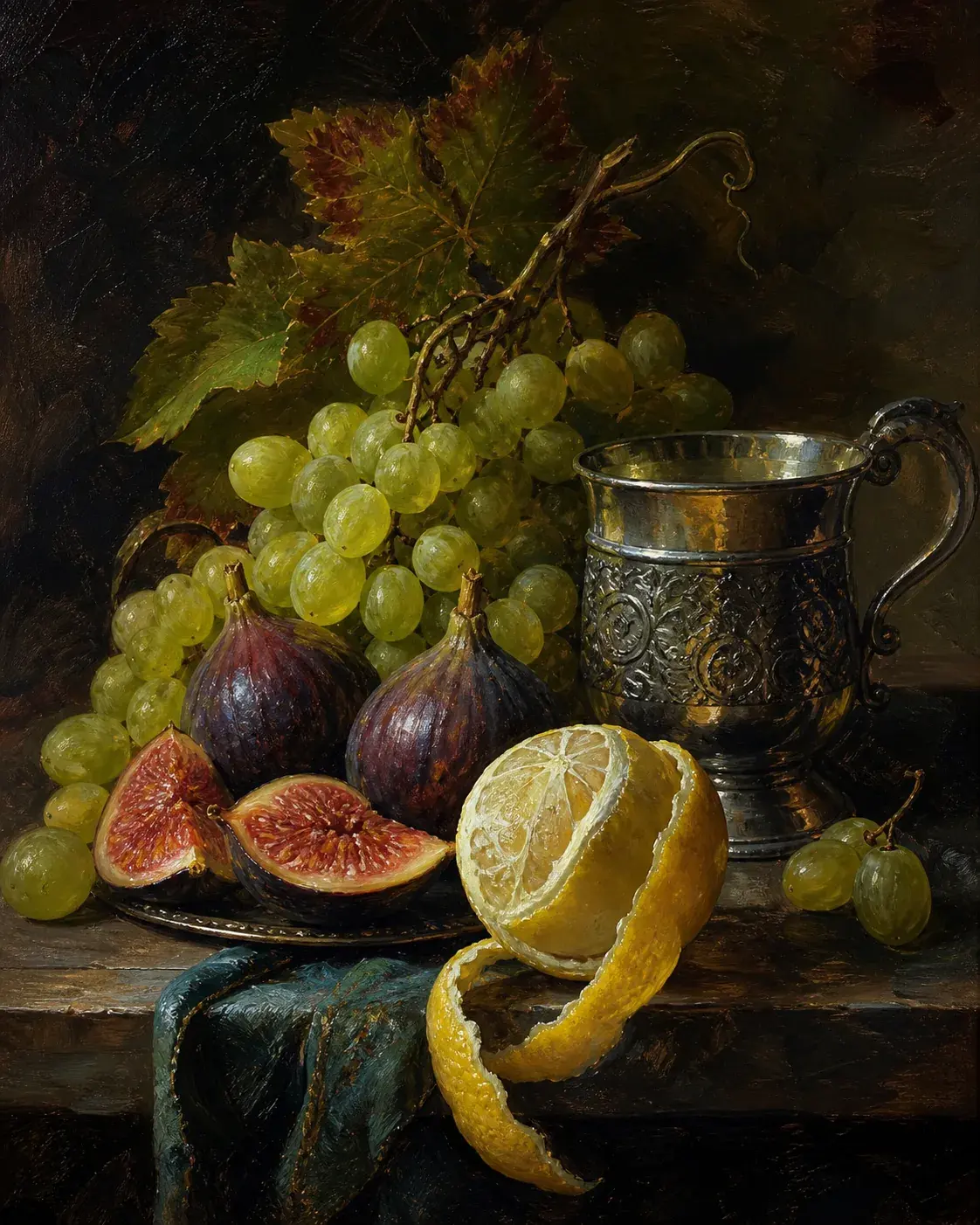 Dutch Golden Age-inspired still-life oil painting of grapes, pears, a metal cup, and folded linen on a dark table, dramatic s