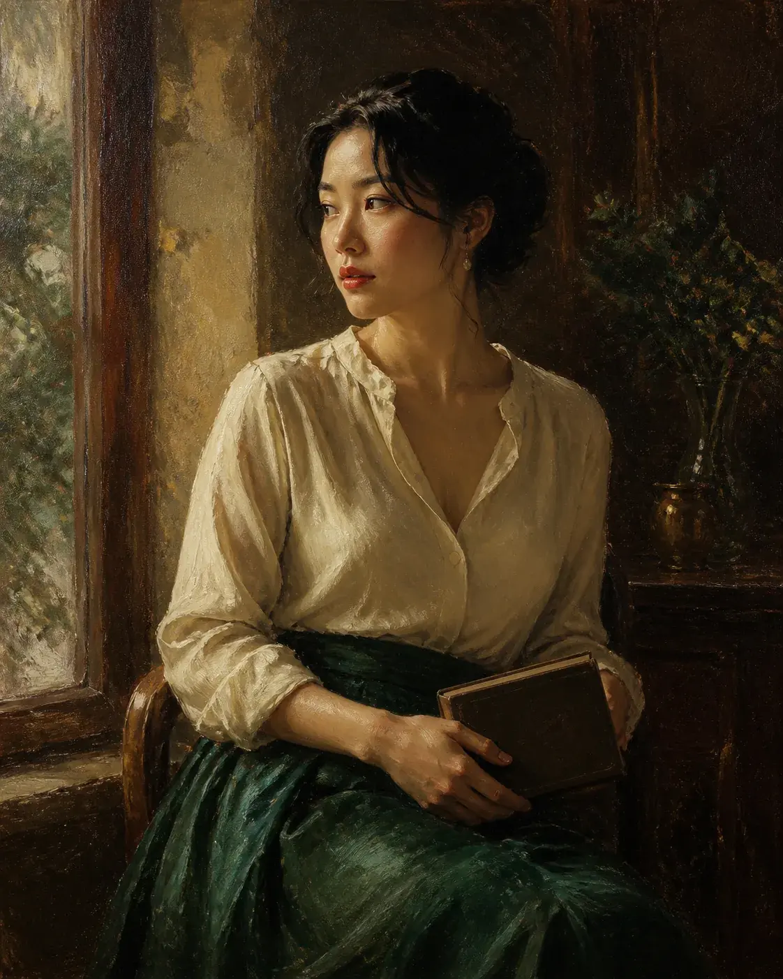 AI prompt for men real output: Soft oil painting portrait of a fictional adult woman seated beside a window in an ivory dress