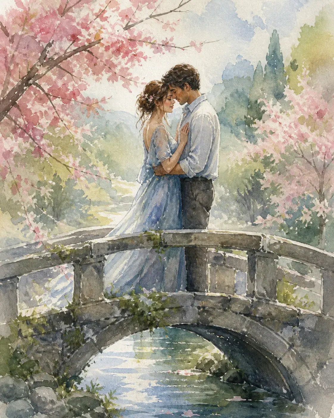 A romantic watercolor painting of a fictional adult couple standing close on a garden bridge, pale-pink flowers, soft greener