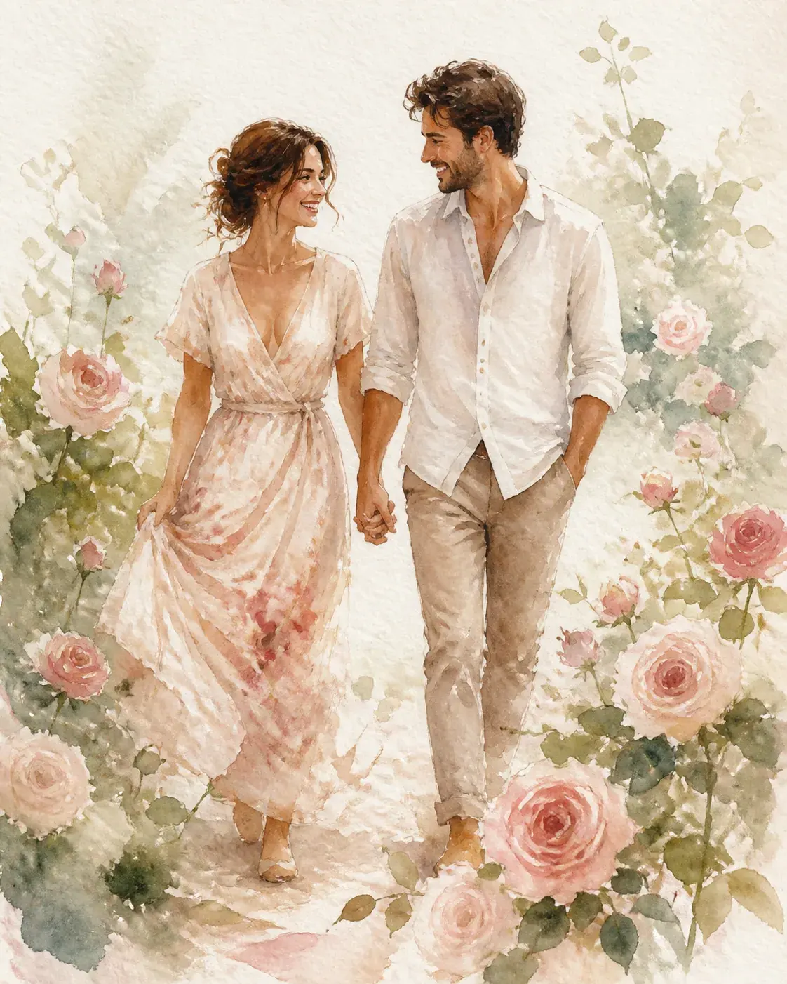 A fictional adult couple walking hand in hand through a loose garden of pale roses and greenery, candid warm smiles, airy ivo