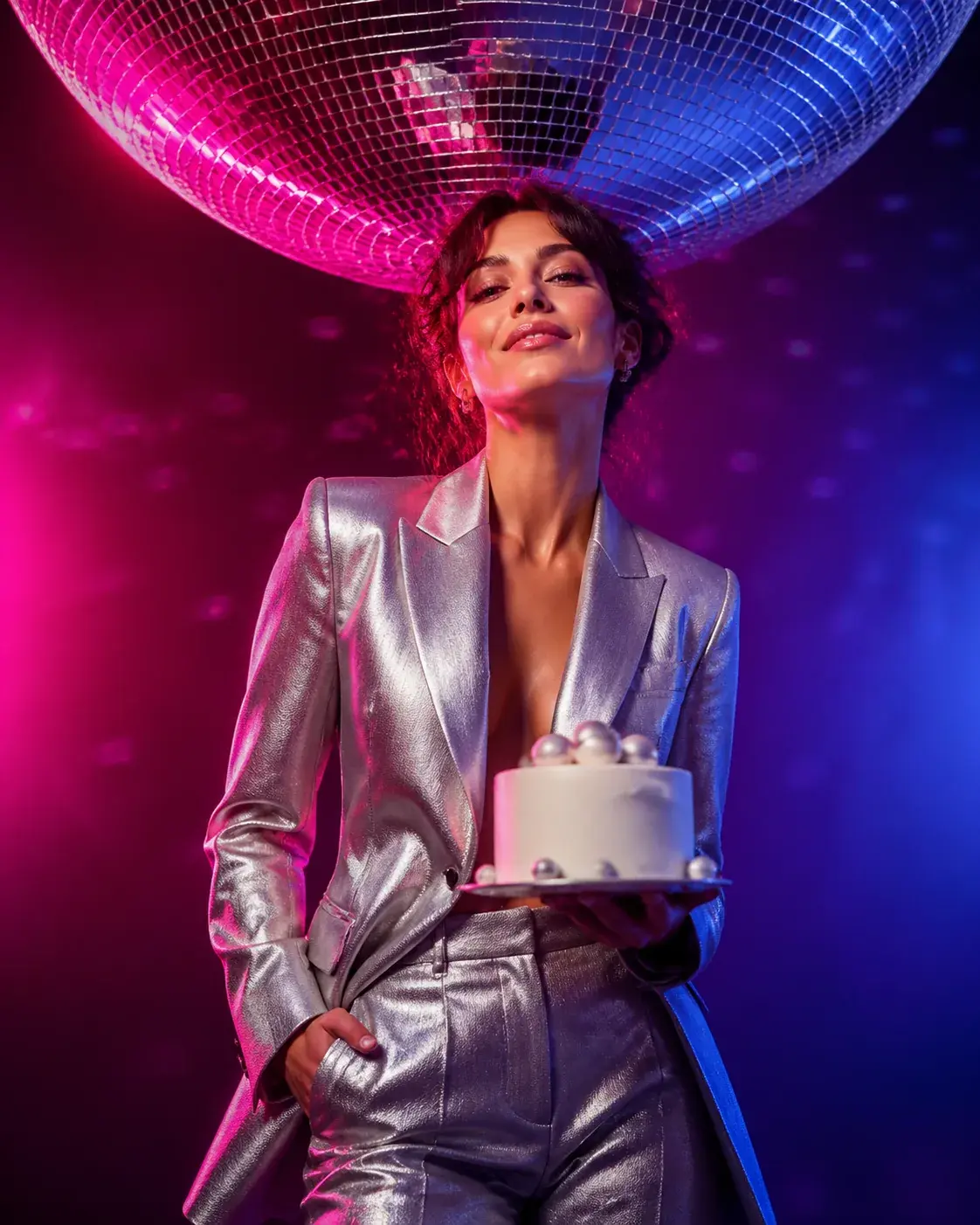 Fictional adult friends dancing at a retro disco-inspired birthday party, a silver mirror ball and colored lights creating an