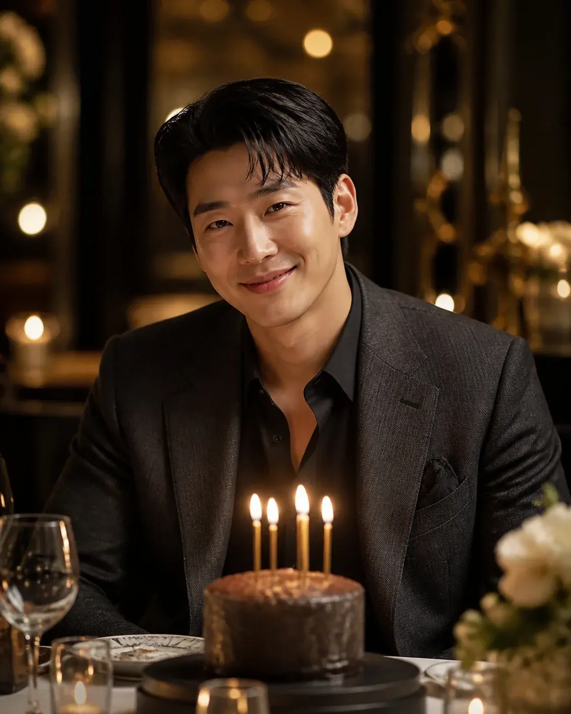 AI birthday photo prompt real output: A fictional adult man smiling at an elegant restaurant birthday dinner, a small cake an
