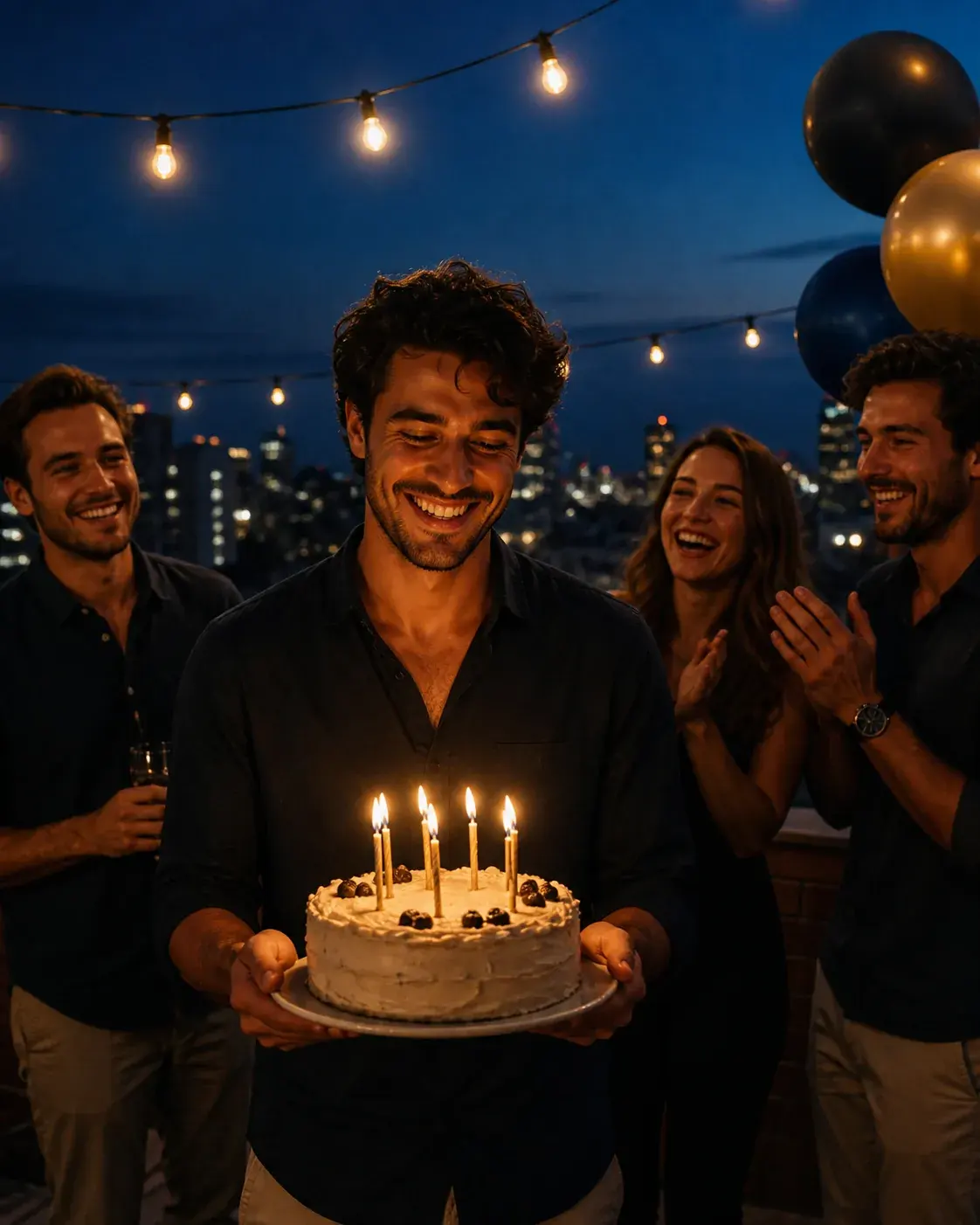 A group of fictional adult friends celebrating a birthday on a rooftop at blue hour, warm string lights and soft city bokeh a