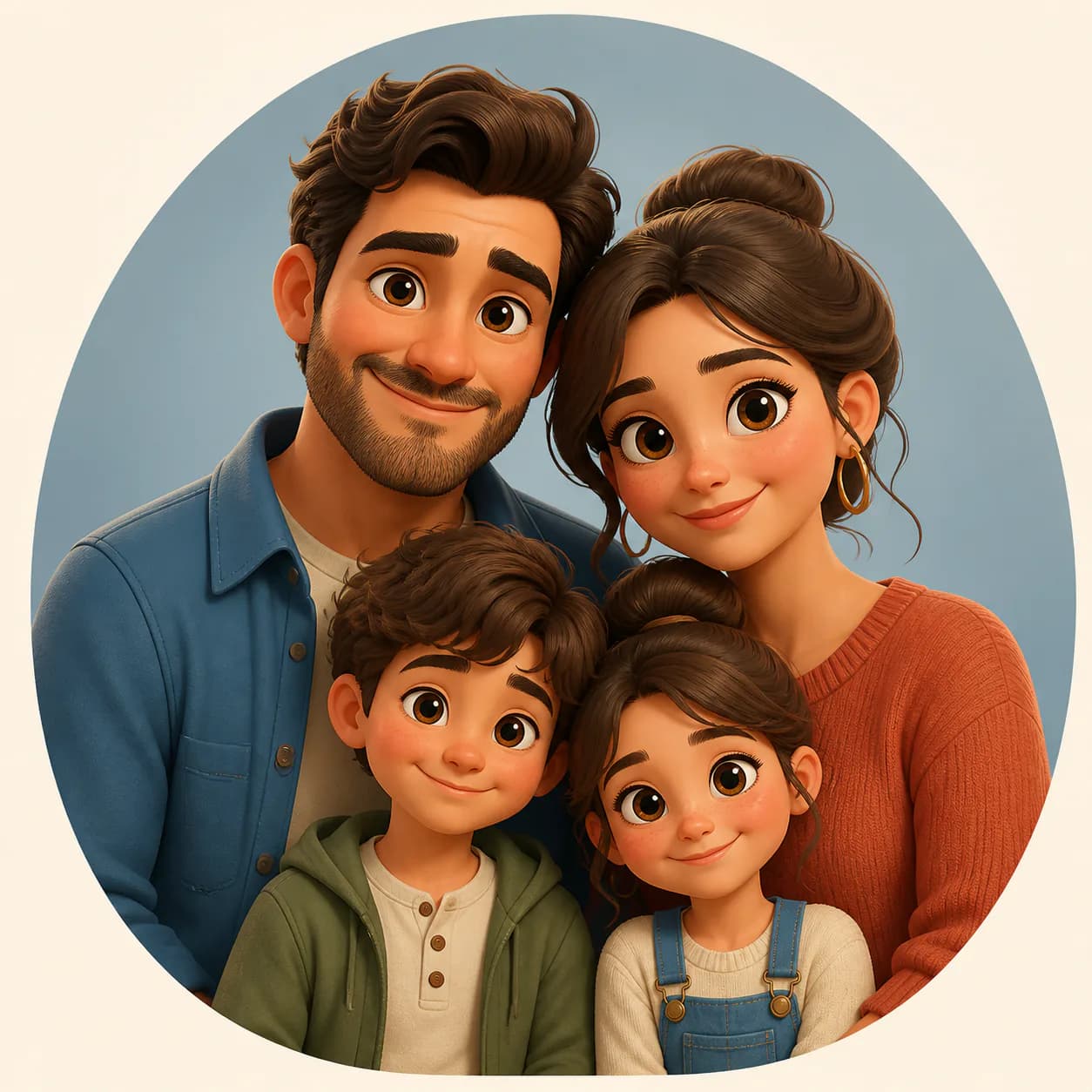 Create a clean square 3D cartoon profile picture of two parents and two children, with distinct expressive faces, coordinated