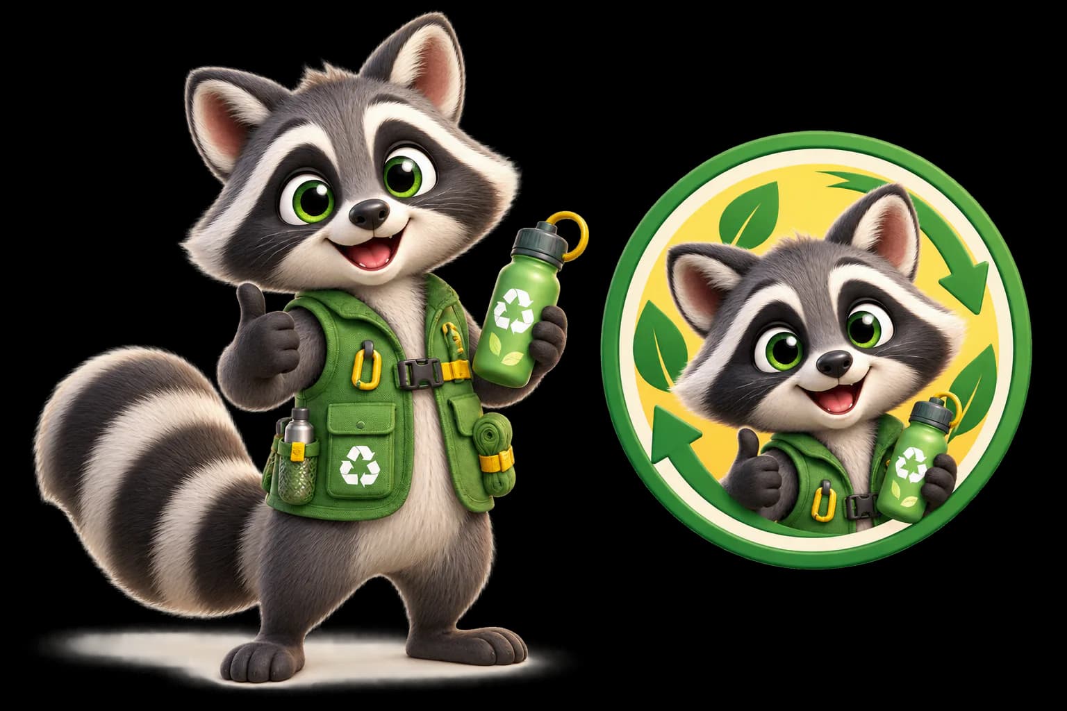 Create an original 3D cartoon raccoon mascot character for a recycling brand, with a green utility vest, reusable bottle, cle
