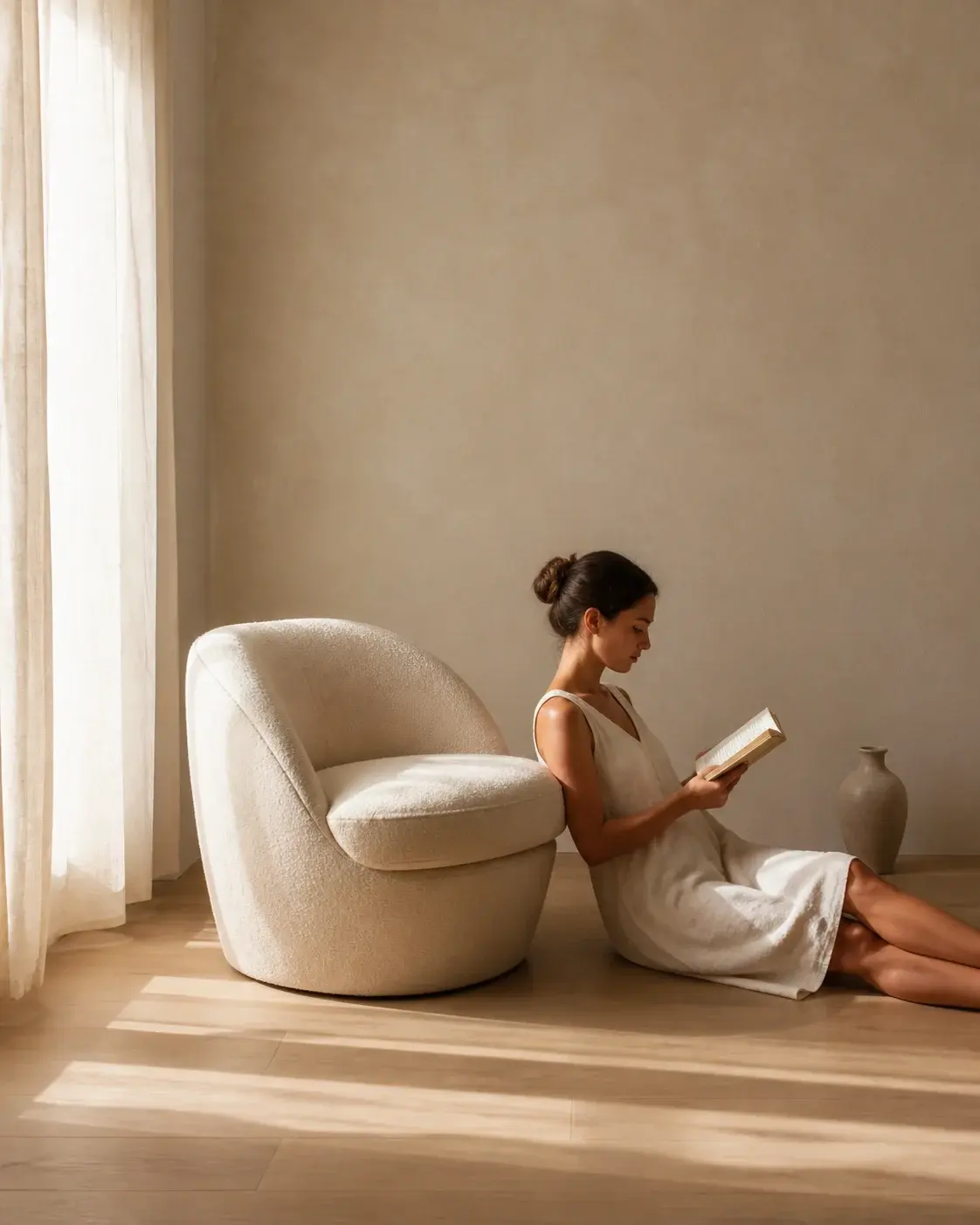Minimalist aesthetic lifestyle photograph of a fictional adult woman reading quietly beside one sculptural chair in a serene