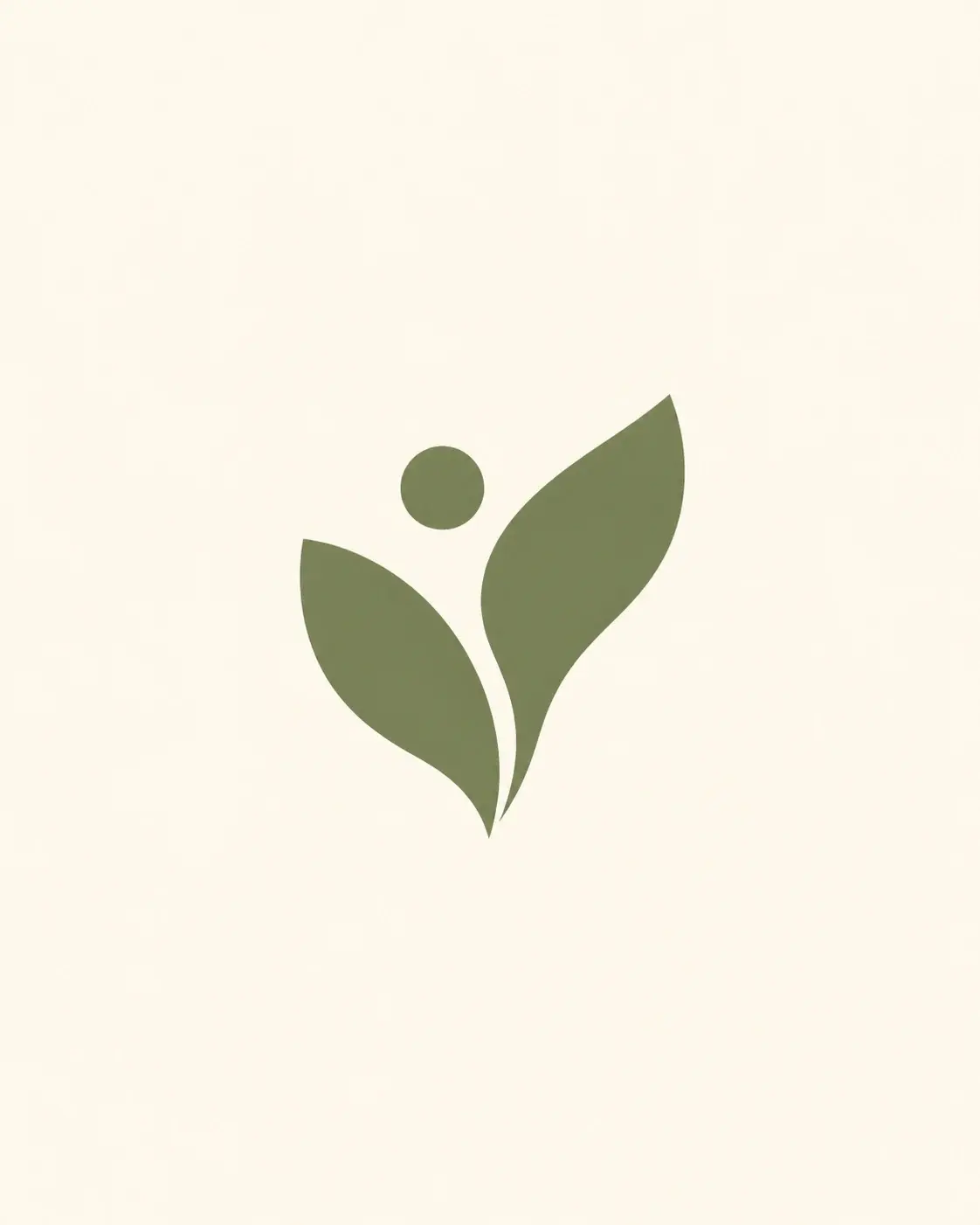 Original minimalist botanical logo concept, a compact abstract leaf symbol built from two clean olive-green geometric curves