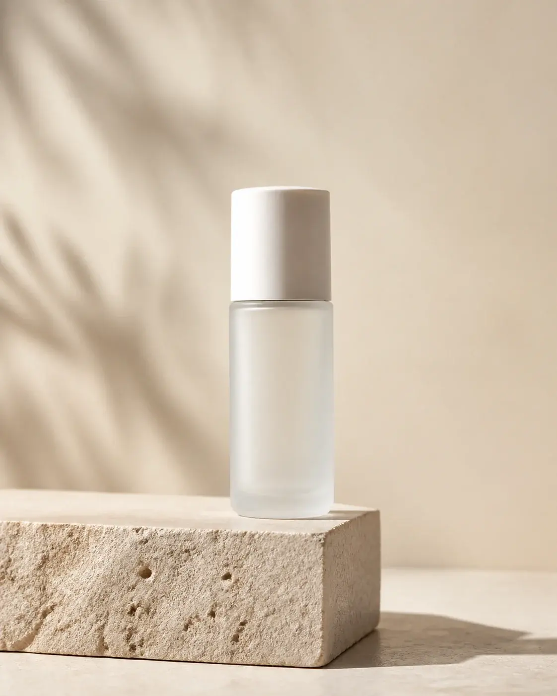 Minimalist product photograph of one unbranded frosted-glass skincare bottle with a plain white cap on a pale limestone block