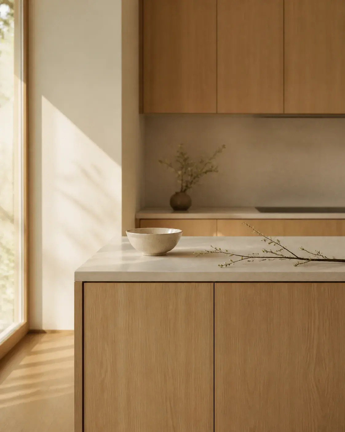 Minimalist lifestyle photograph of a serene light-oak kitchen with one ceramic bowl and one branch on the counter, warm morni