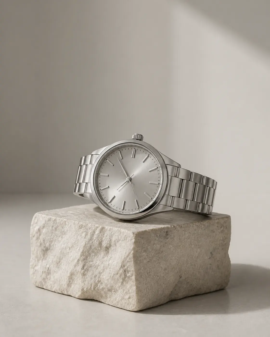 Minimalist luxury product photograph of an unbranded silver wristwatch on a pale stone block, soft directional light, a warm-