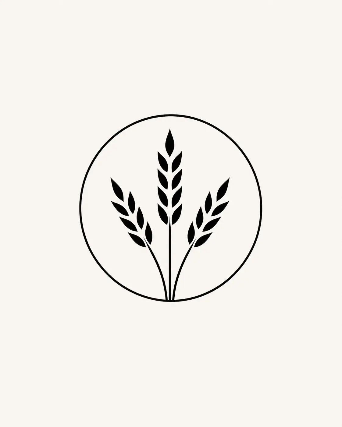 An original minimalist bakery symbol formed by three simple black wheat stems inside a thin circle, centered on an off-white