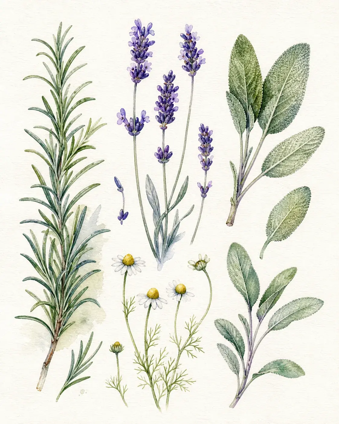 A watercolor herbarium page of wild grasses, fern, and small flowers, delicate linework, transparent natural-green washes, su